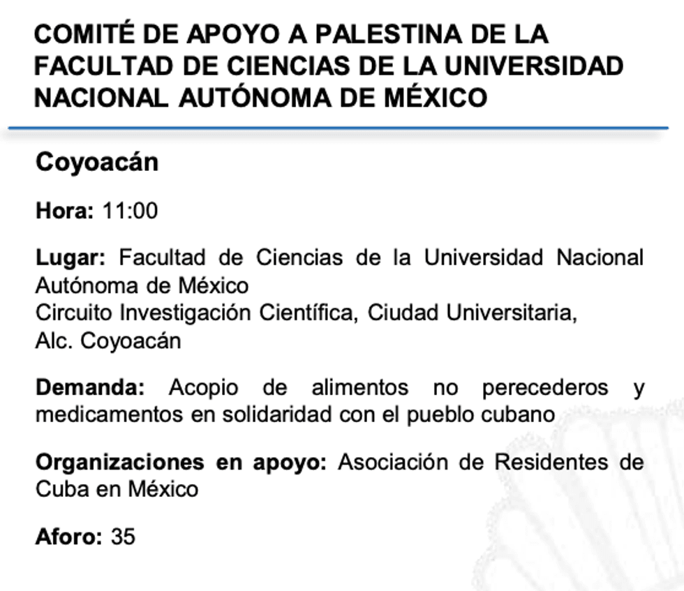 Support event flyer for Palestine at UNAM Faculty of Sciences, collecting non-perishables.