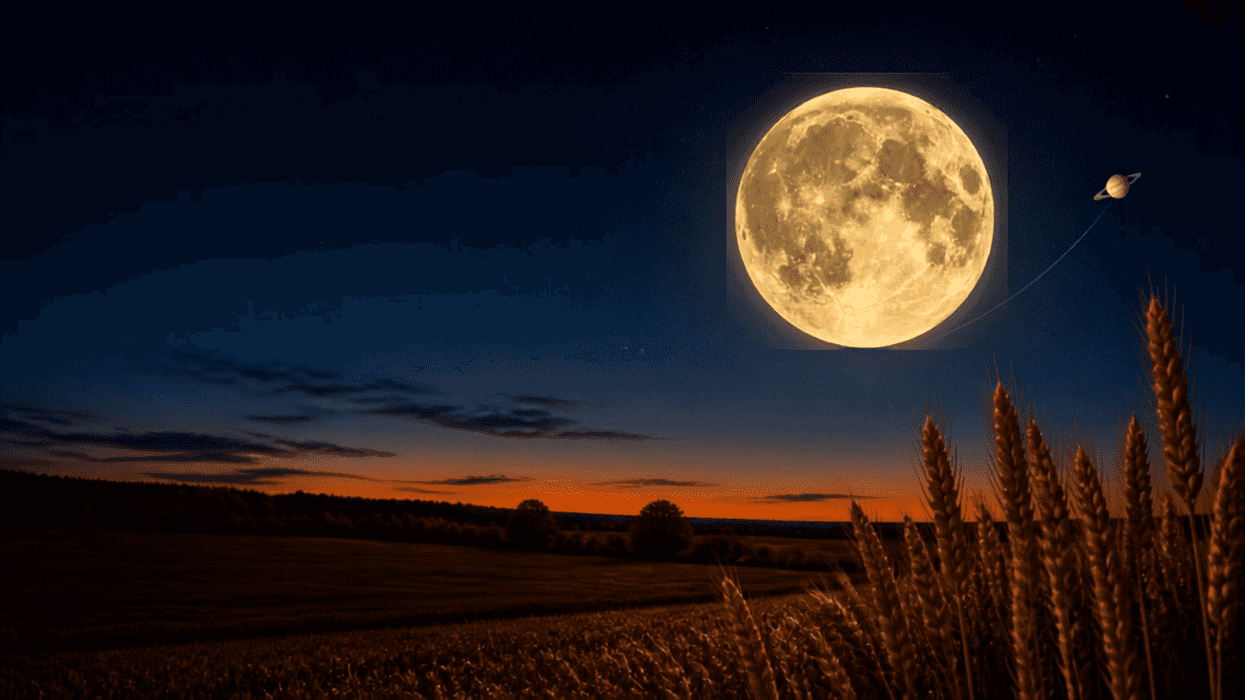 Surreal moon balloon over field at dusk, Saturn tethered, wheat in foreground.