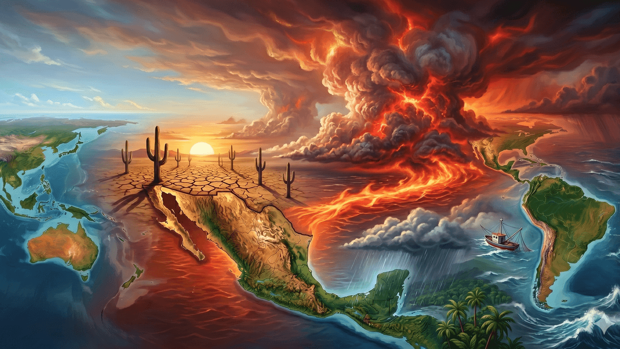 Surreal world map art with deserts, ocean, and storm clouds blending dramatically.