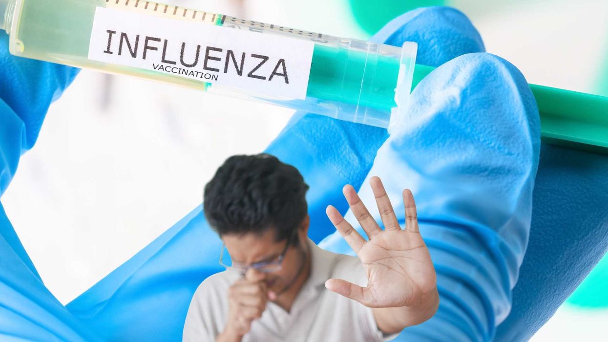 Syringe labeled "Influenza" with person coughing and hand raised in foreground.