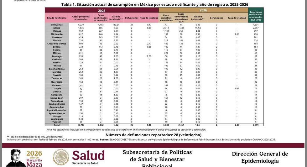 Table of measles cases and statistics by Mexican state for 2025-2026.
