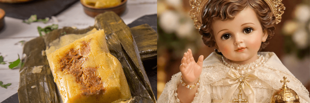 Tamale on banana leaf and a statue of child in ornate clothing.