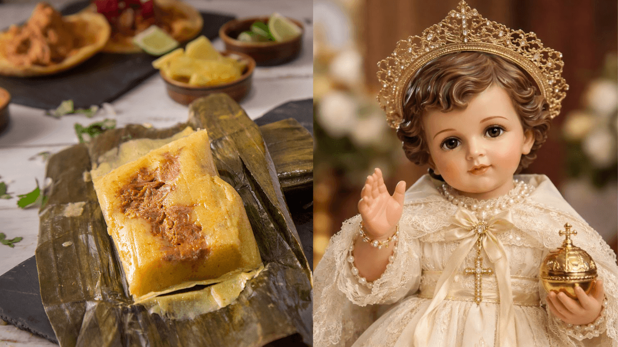 Tamale on banana leaf and a statue of child in ornate clothing.