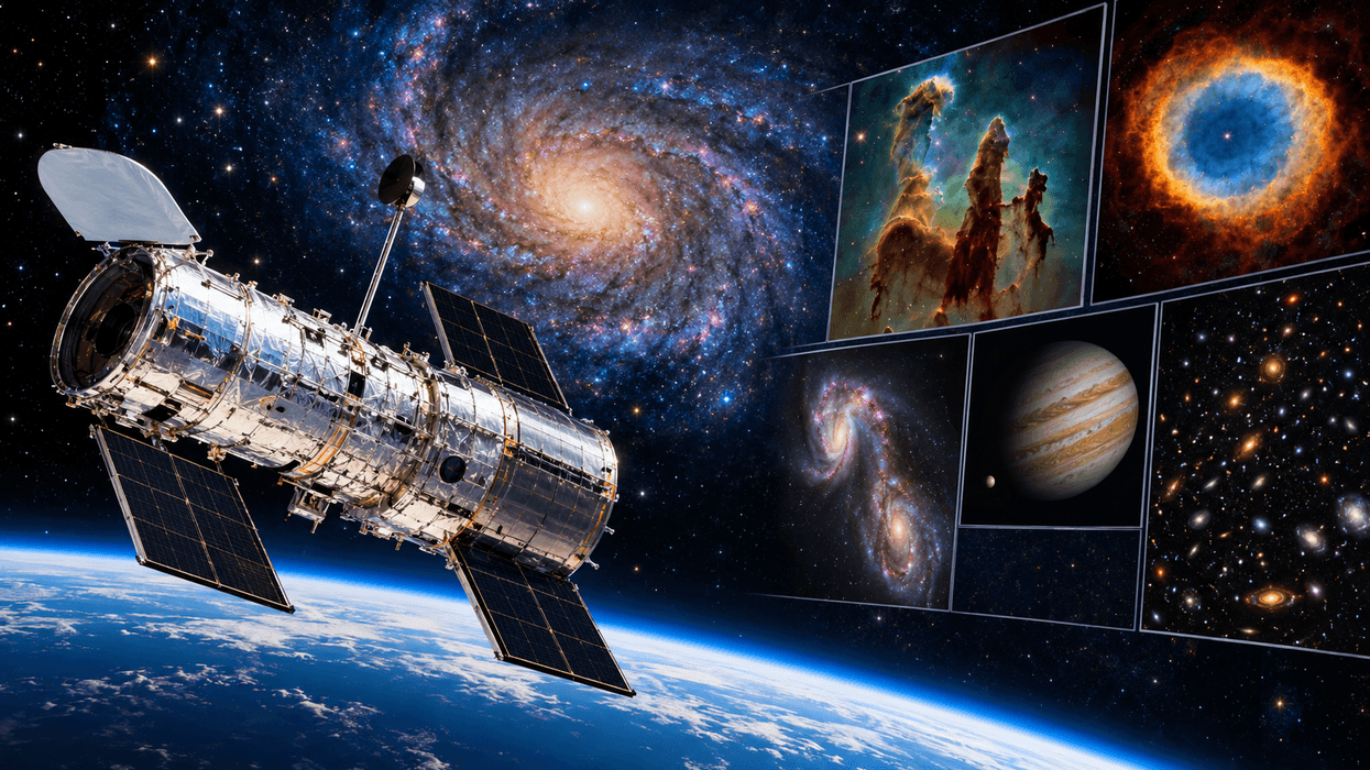Telescopio espacial Hubble sobre la Tierra rodeado de galaxias y nebulosas, símbolo de 35 años de exploración del cosmos.