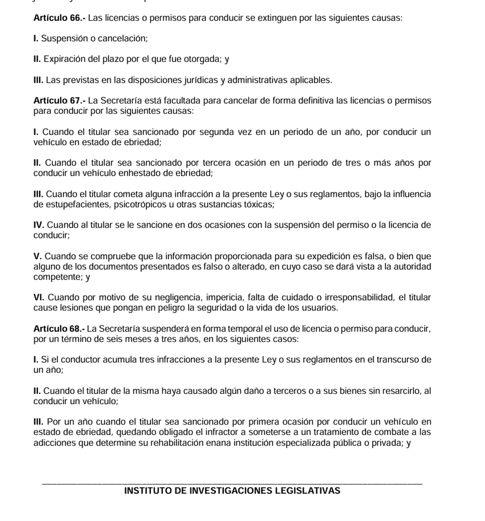 Text describing reasons for revocation of driving licenses and permits in Spanish.