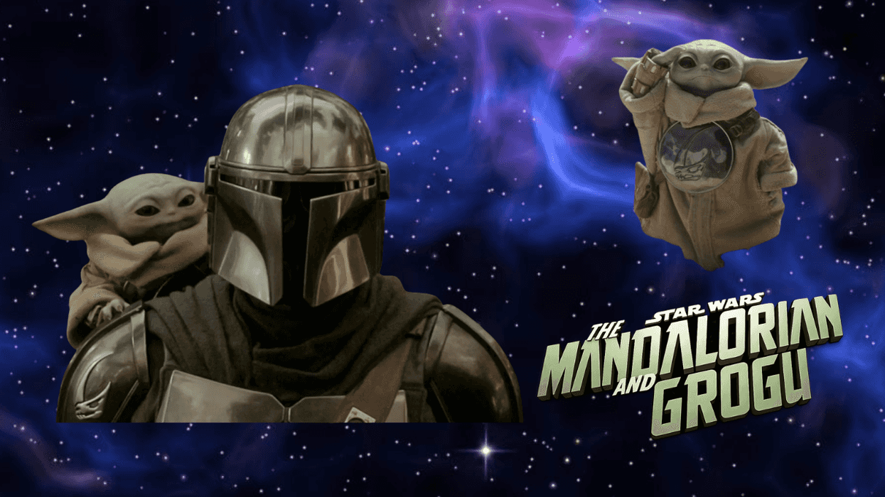 The Mandalorian and Grogu in space-themed background with show title.