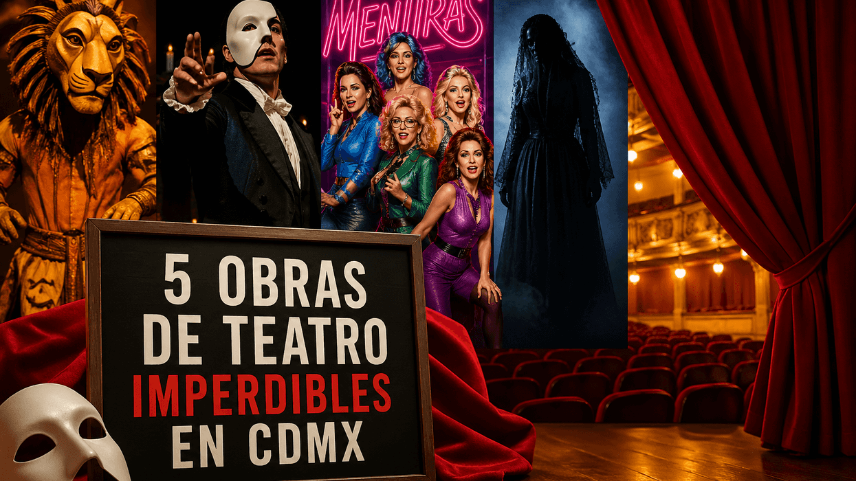 Theater posters with "5 Obras de Teatro Imperdibles en CDMX" sign in foreground.