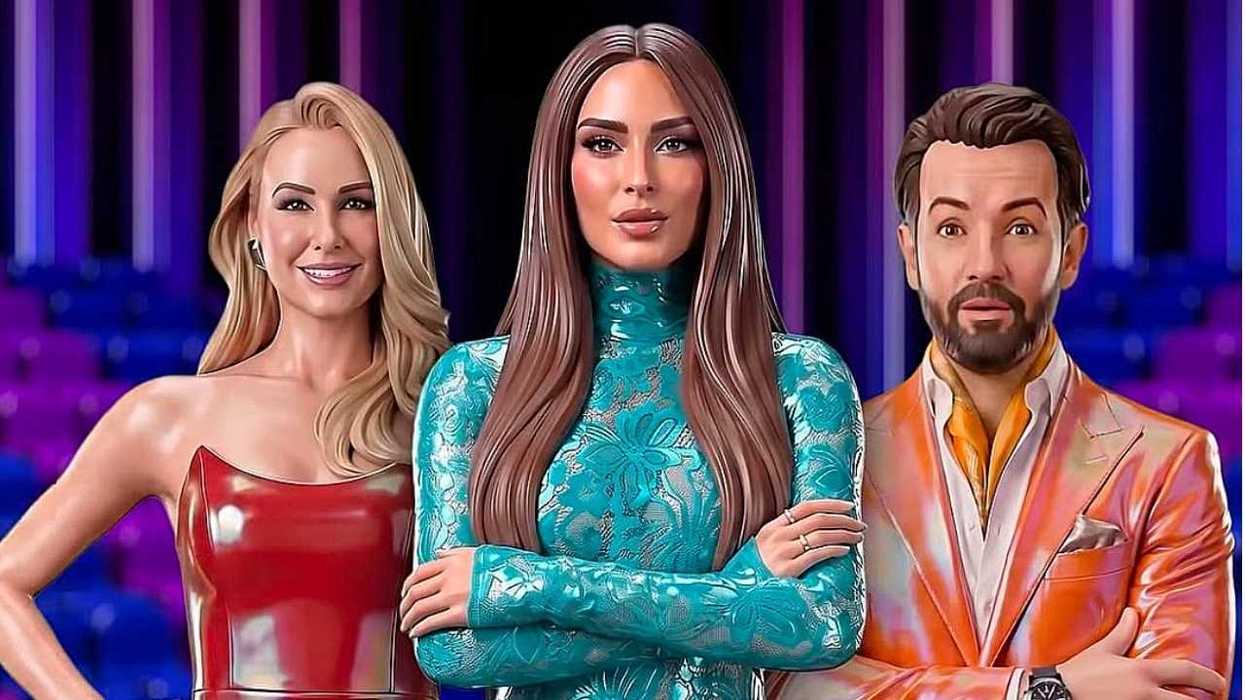 Three animated characters pose in colorful outfits against a vibrant, blurred background.