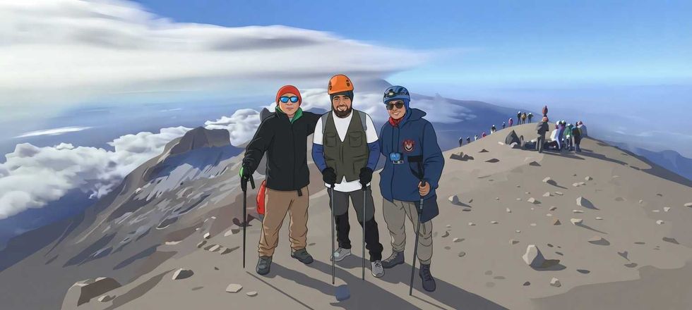 Three hikers with gear on a mountain summit, with clouds and a group in the background.