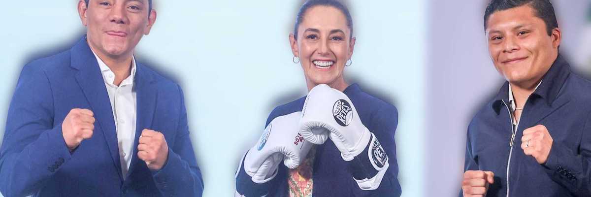 Three people in formal wear, one wearing boxing gloves, all with fists raised.
