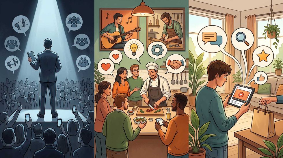 Three scenes: public speaking, collaborative cooking, and online interaction at home.