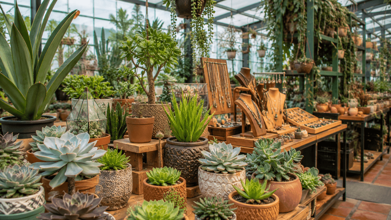 Tienda con suculentas, plantas, joyería y piezas de diseño en un espacio rodeado de vegetación.