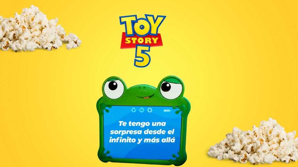"Toy Story 5 promo with frog-shaped tablet amid popcorn, yellow background."