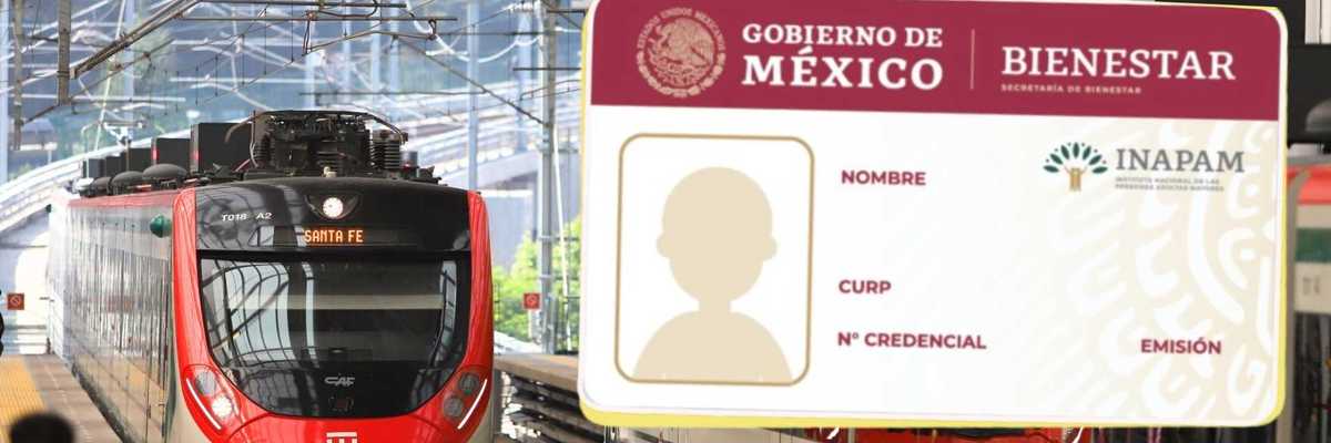 Train arriving at station with a large overlay of a Mexican ID card.