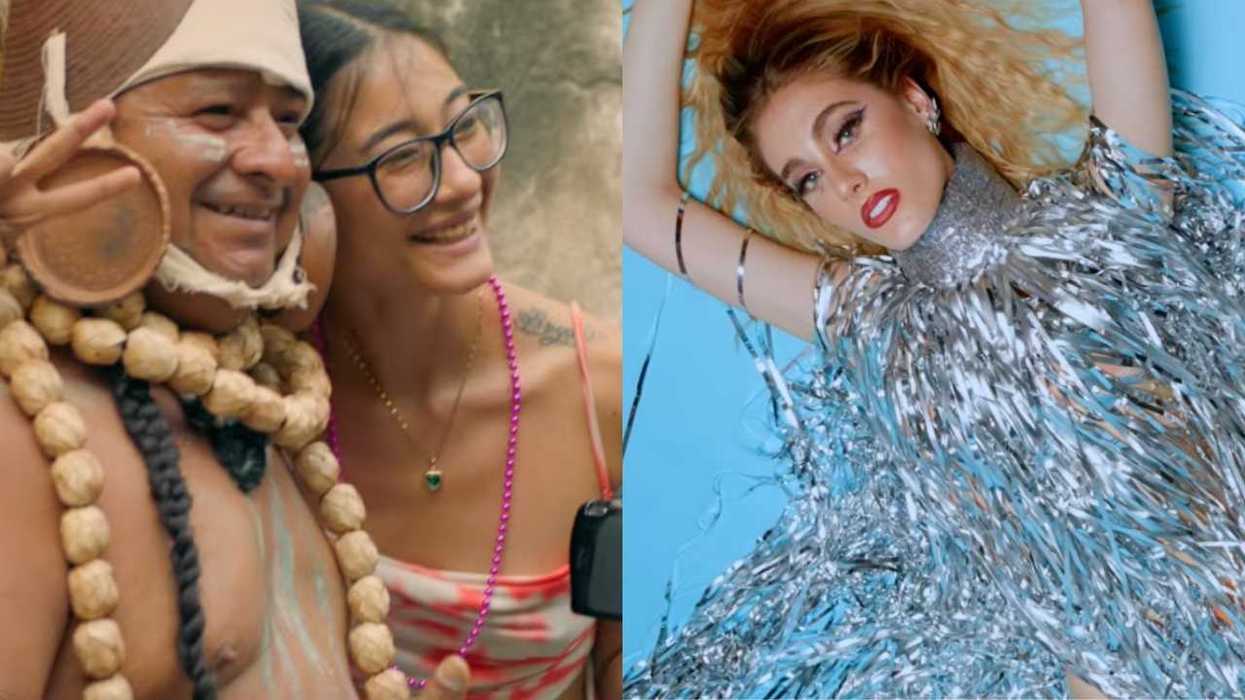 Tribal man and woman on left; glamourous woman in silver fringe dress on right.