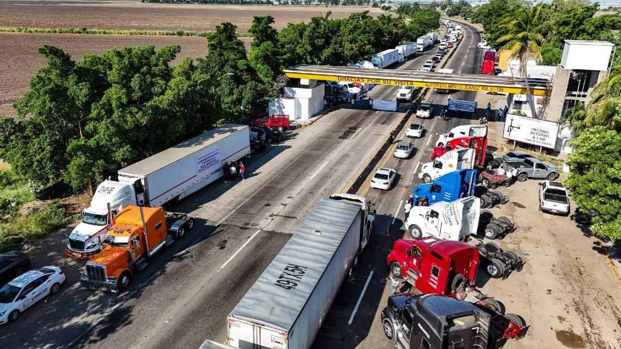 Trucks and cars stopped at a highway checkpoint with surrounding trees and fields.