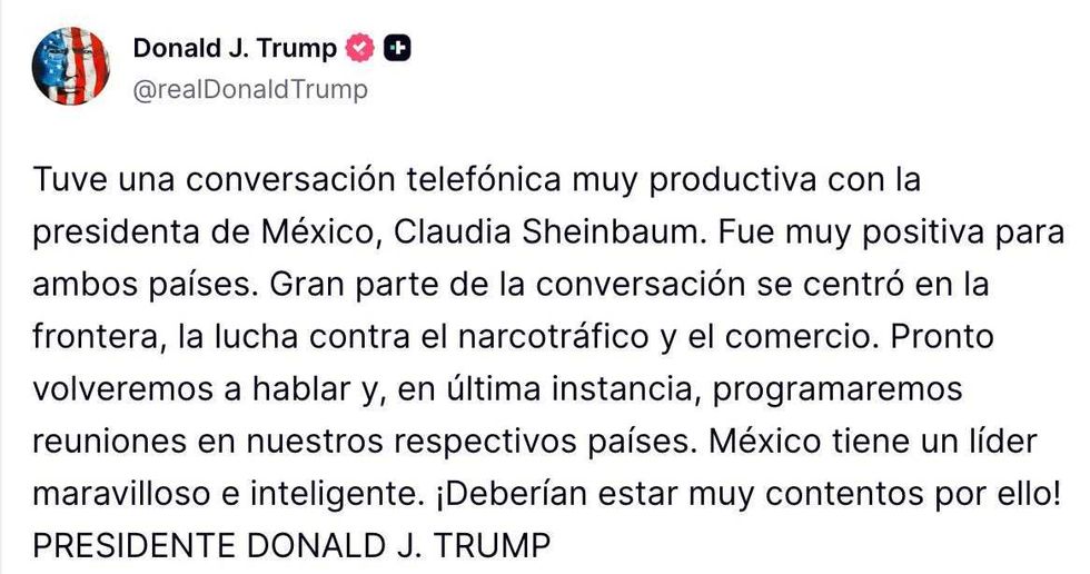 Tweet atribuida a Trump sobre conversaci\u00f3n con presidenta ficticia de M\u00e9xico.