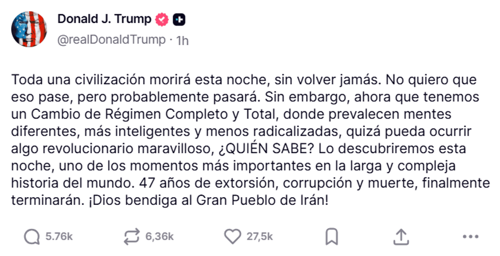 Tweet discussing potential regime change and hopeful future in Iran.