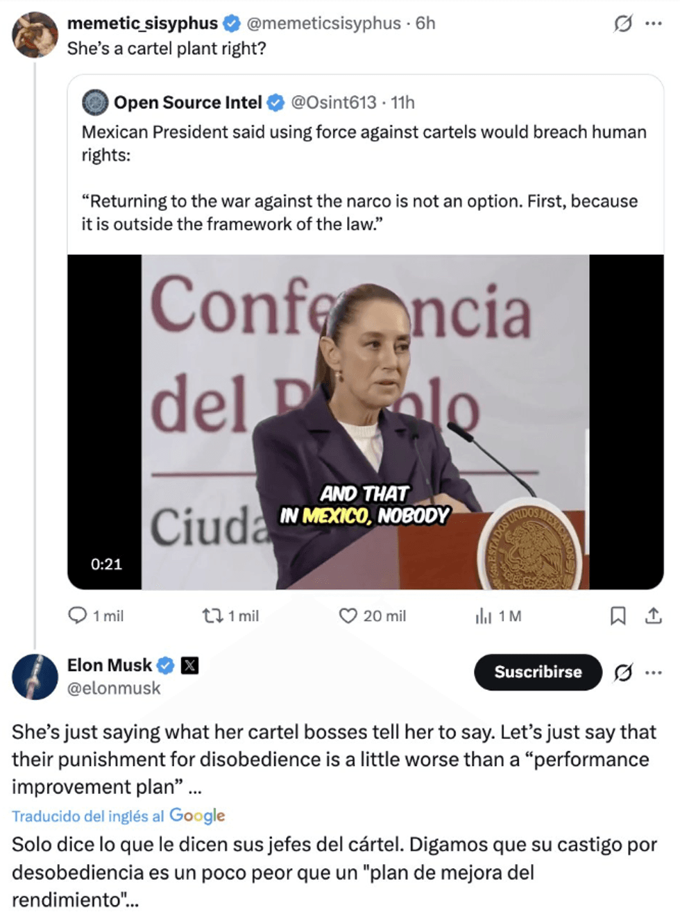 Tweet thread discussing Mexican President's stance on cartels and law enforcement.