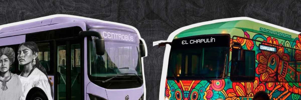 Two buses with artistic designs; one has portraits, the other colorful patterns.