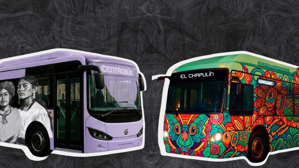 Two buses with artistic designs; one has portraits, the other colorful patterns.