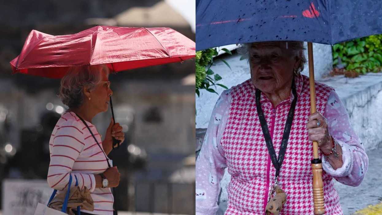 Two elderly women with umbrellas, one in red, one in blue, under different weather conditions.