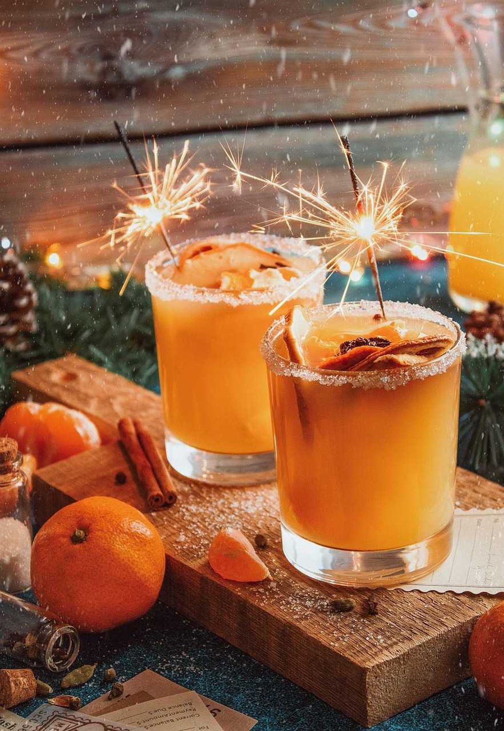 Two festive orange cocktails with sparklers and sugar-rimmed glass on a wooden board.