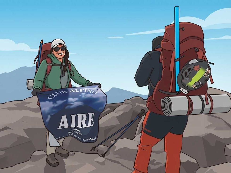 Two hikers with gear celebrate on a mountain peak holding a "Club Alpino Aire" flag.