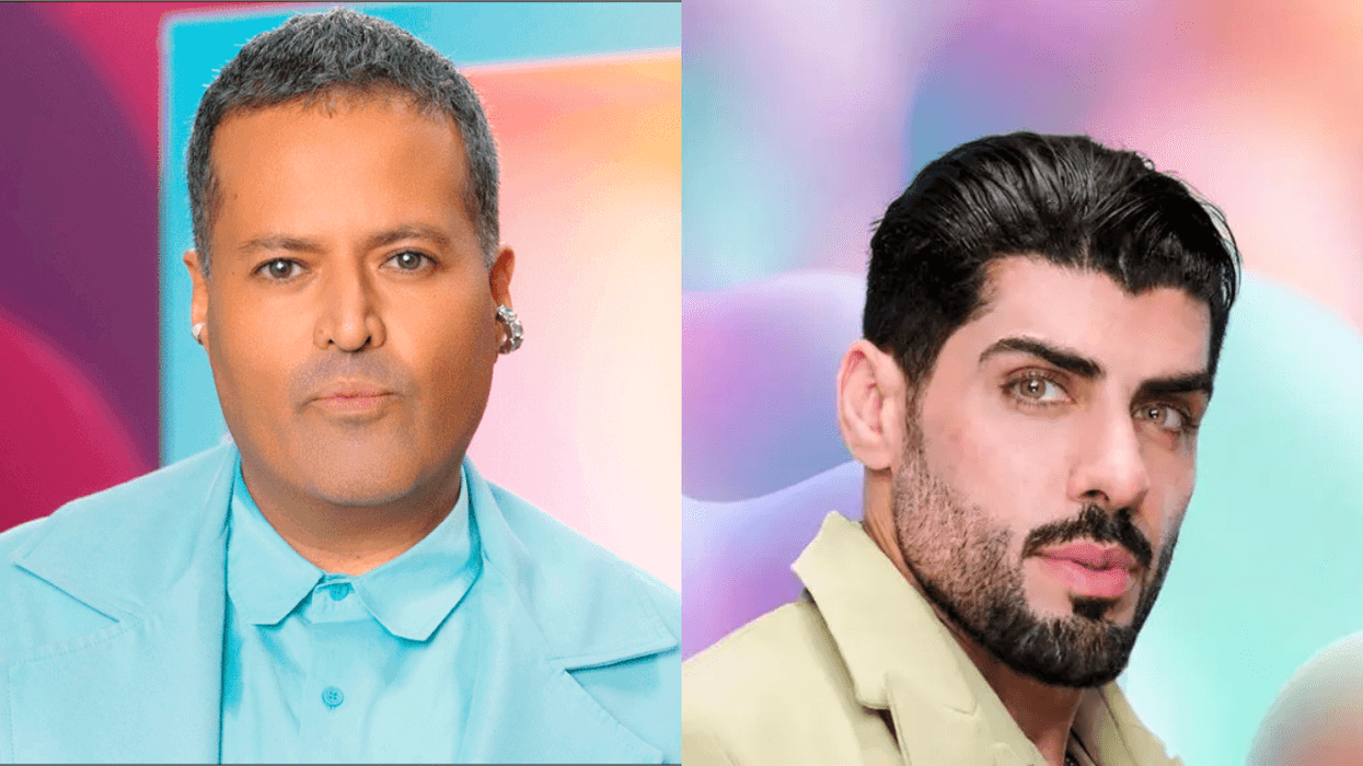 Two men against colorful abstract backgrounds, one in blue attire, the other in beige.