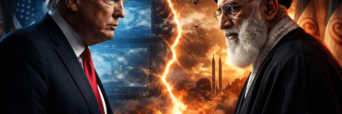 Two men face off against a fiery, divided background with missiles and screens.