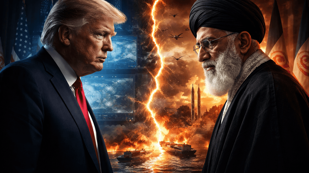 Two men face off against a fiery, divided background with missiles and screens.