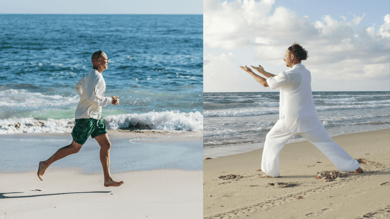 Two men on a beach: one running, the other practicing Tai Chi.