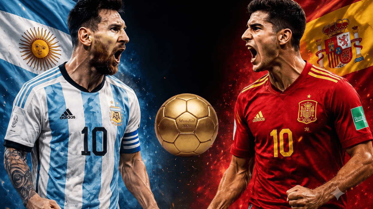 Two passionate soccer players face off, one in Argentina kit, the other in Spain kit, with flags.