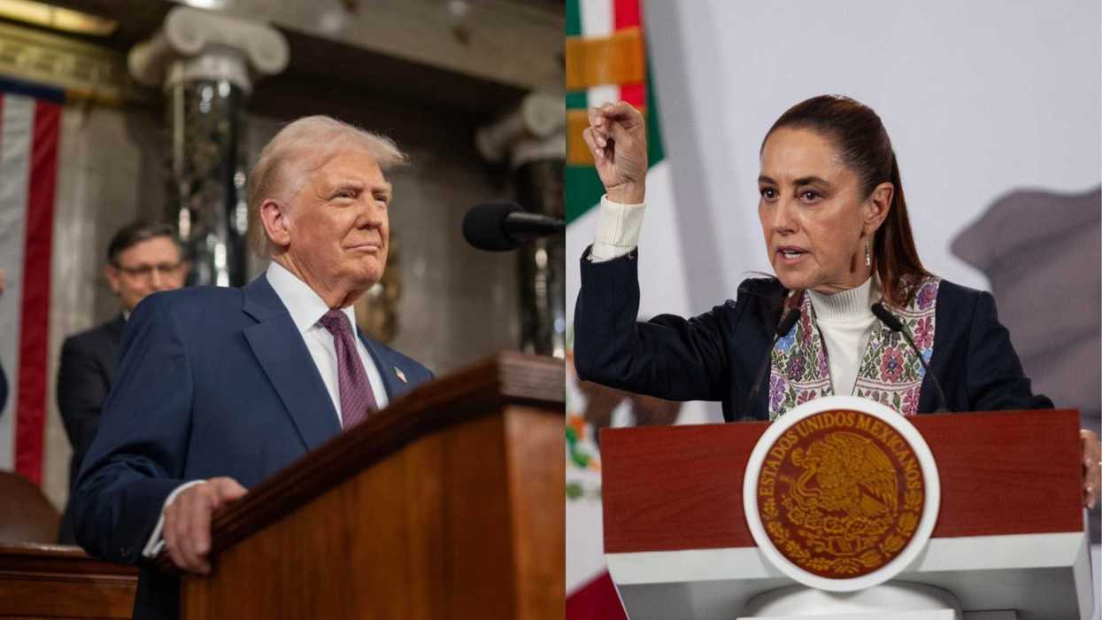 Two people at podiums, giving speeches in separate locations.