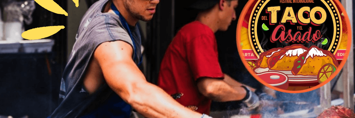 Two people grilling meat at the Taco and Asado festival.
