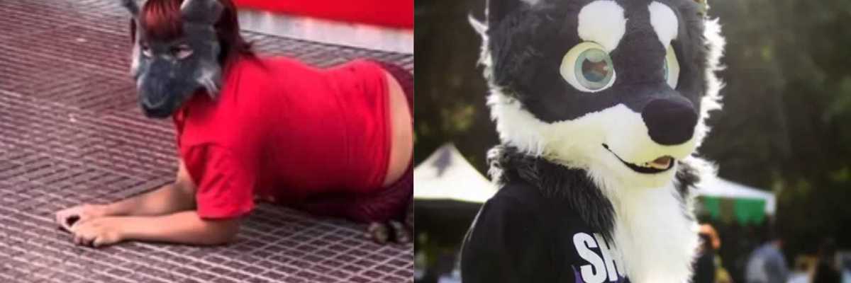 Two people in wolf costumes; one crouching, one standing outdoors.