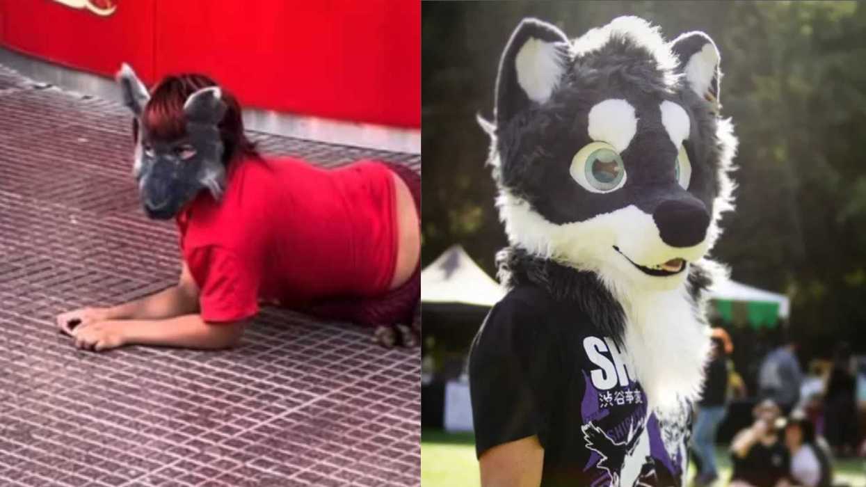 Two people in wolf costumes; one crouching, one standing outdoors.