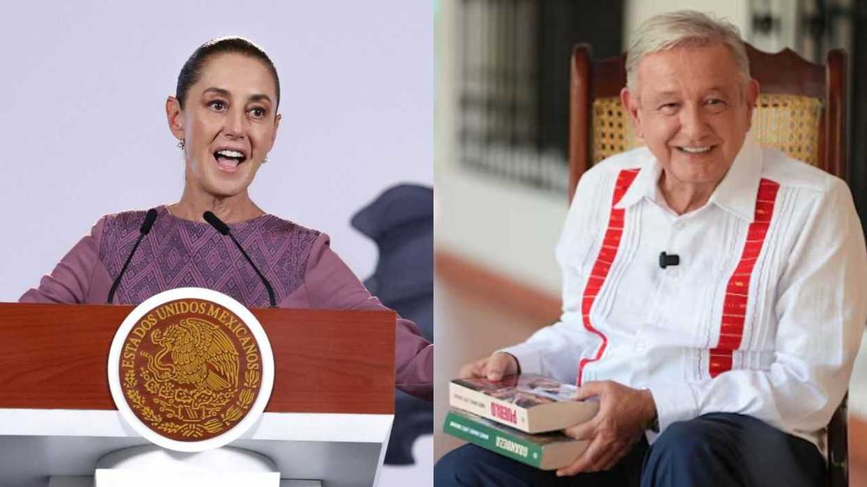 Two people speaking and smiling; one at a podium, the other seated with books.