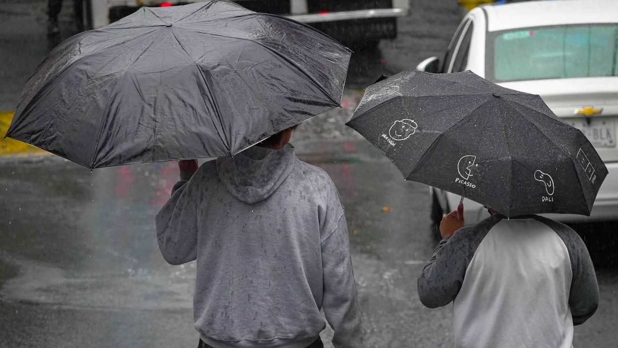 Two people walking in the rain with black umbrellas, seen from behind.