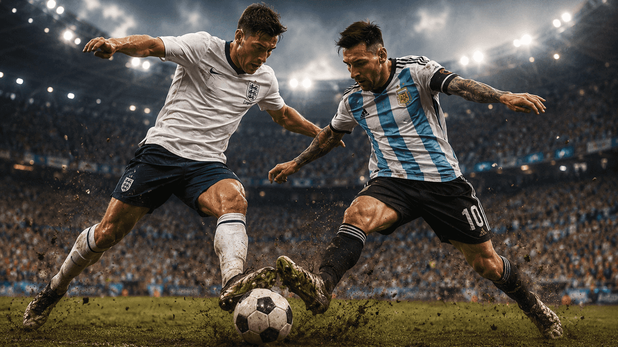 Two soccer players battle for the ball in a stadium, one in white, the other in blue stripes.