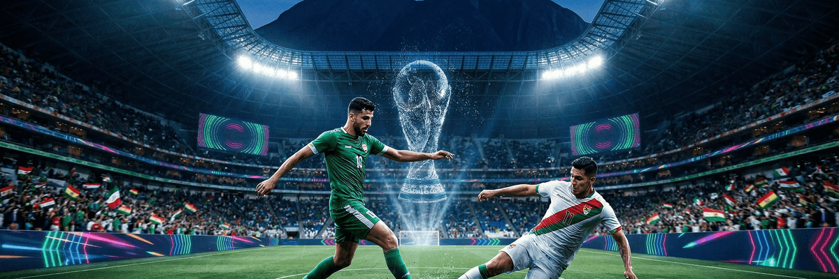 Two soccer players contest the ball in a large, illuminated stadium at night.