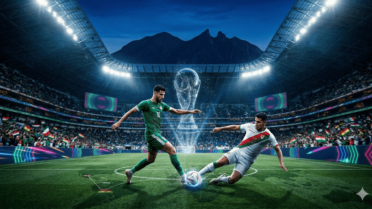 Two soccer players contest the ball in a large, illuminated stadium at night.