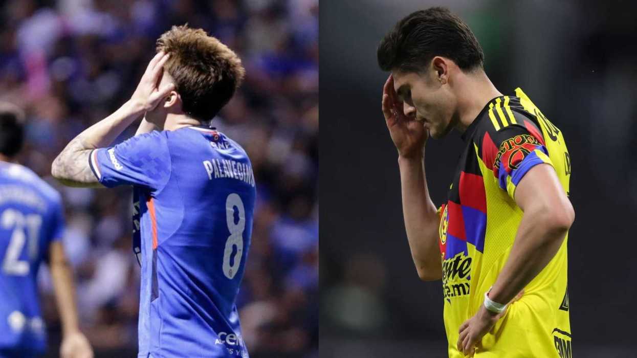 Two soccer players in blue and yellow jerseys, both looking disappointed.