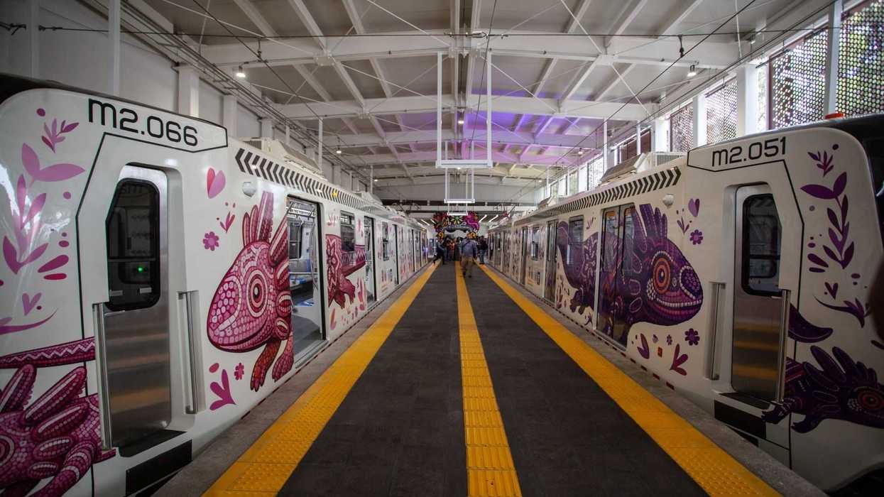 Two white trains with vibrant animal murals at a modern indoor station.
