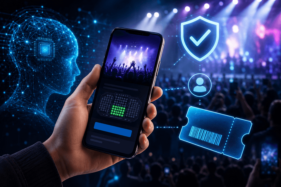 Una persona sostiene un tel\u00e9fono inteligente frente a un concierto, rodeado de elementos digitales