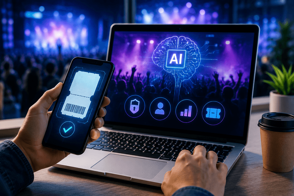 Una persona utiliza una computadora port\u00e1til mientras sostiene un tel\u00e9fono con un boleto digital para un concierto; en la pantalla aparecen elementos gr\u00e1ficos relacionados con inteligencia artificial y seguridad.