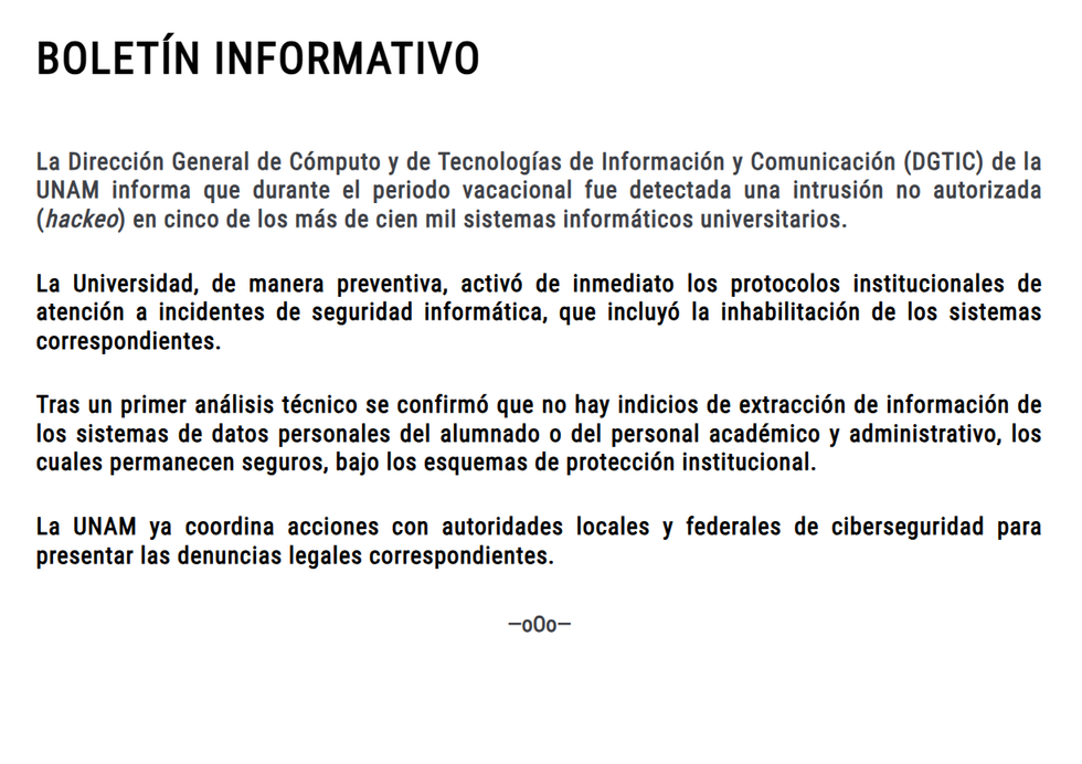 UNAM addresses unauthorized intrusion in 5 university systems; data remains secure.
