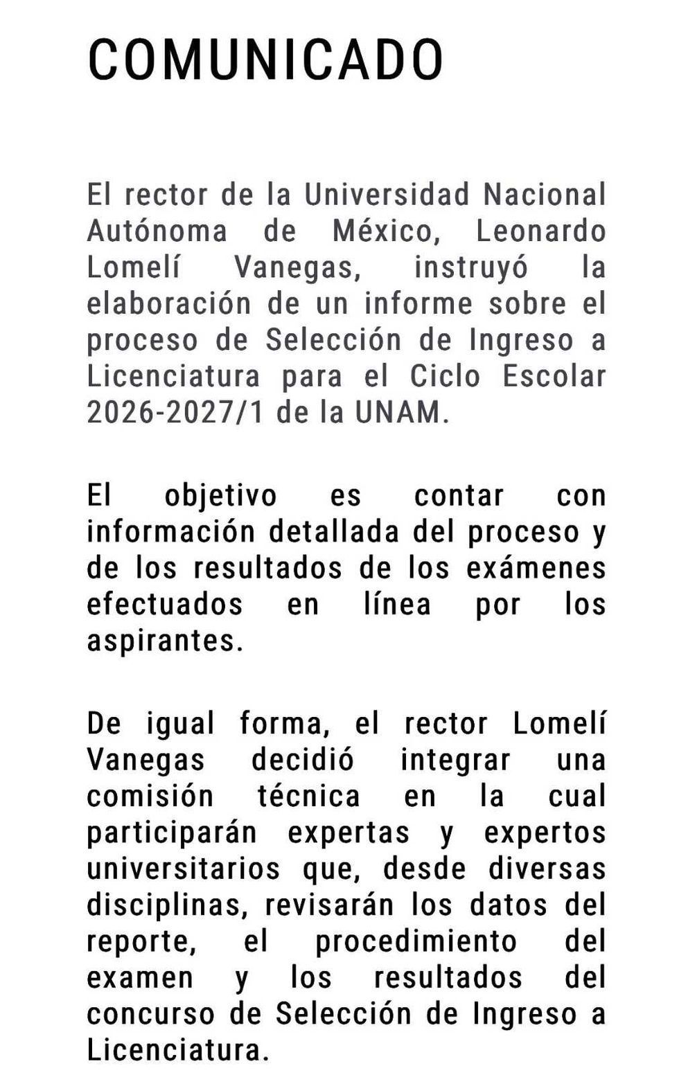 UNAM announcement on reviewing admissions process for 2026-2027 academic year.