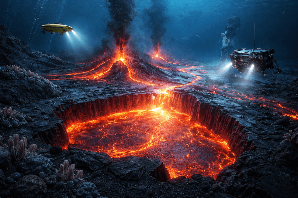 Underwater robots explore a glowing volcanic vent on the ocean floor.