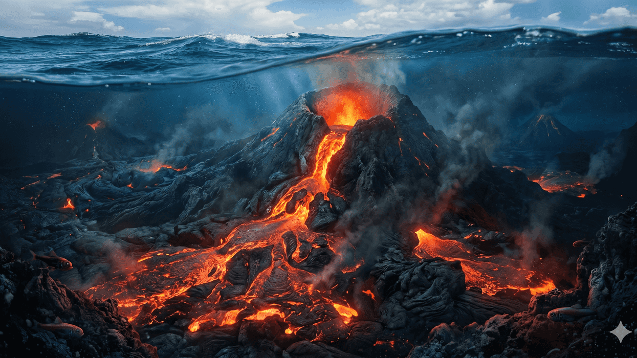 Underwater volcano erupting with glowing lava and smoke beneath ocean waves.